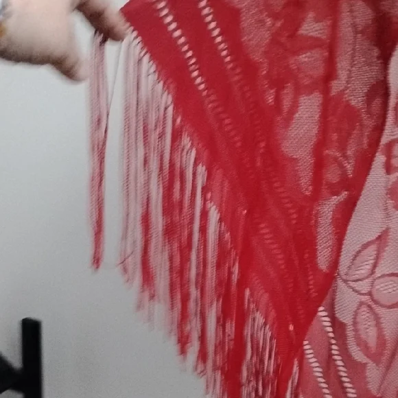 Vintage Elegant Romantic Boho Cottagecore Coquette Red Floral Lace Fringe Shawl - Picture 4 of 12
